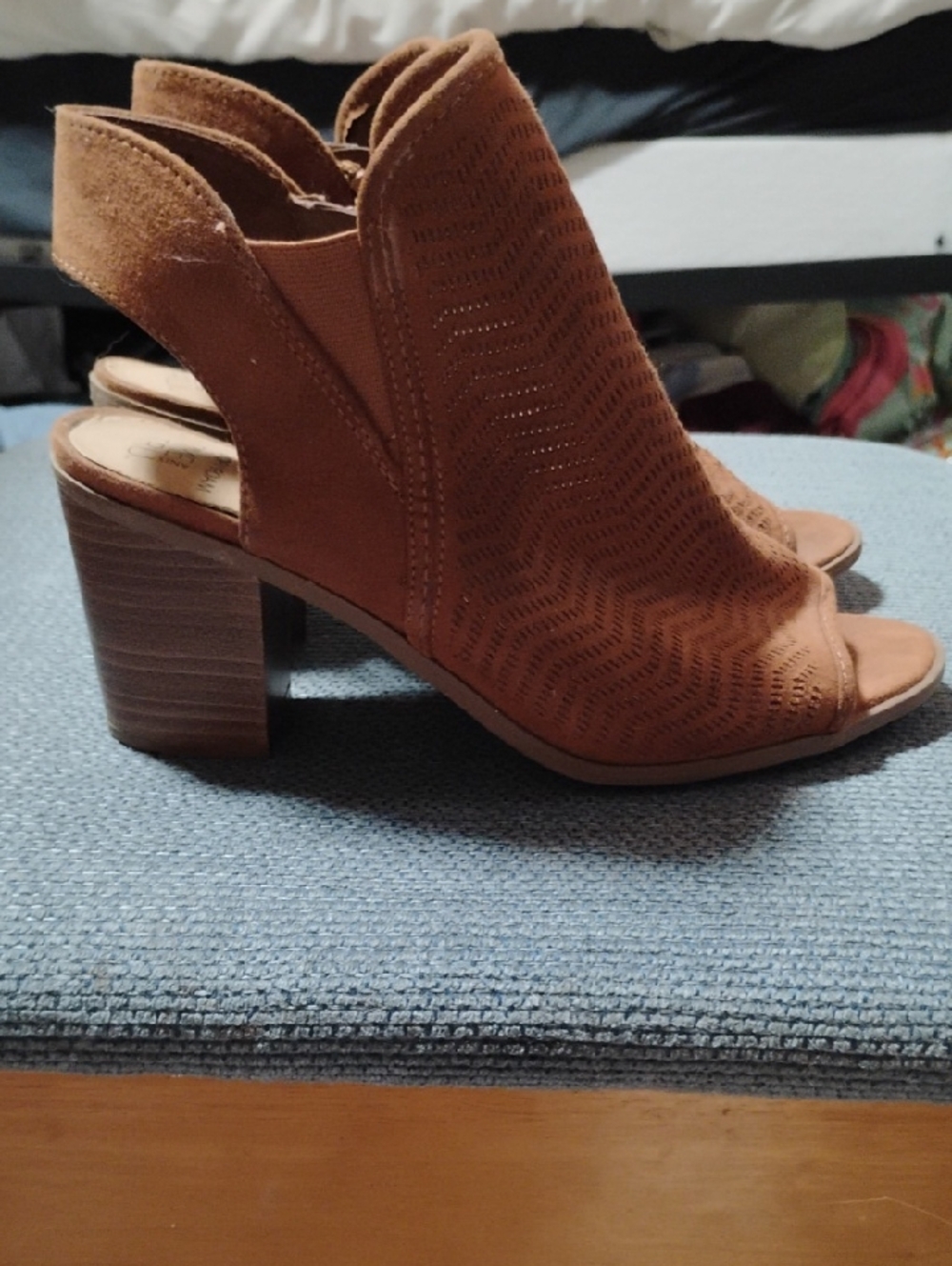 Time and Tru Tan Open-Toe Perforated Slingback Block Heels